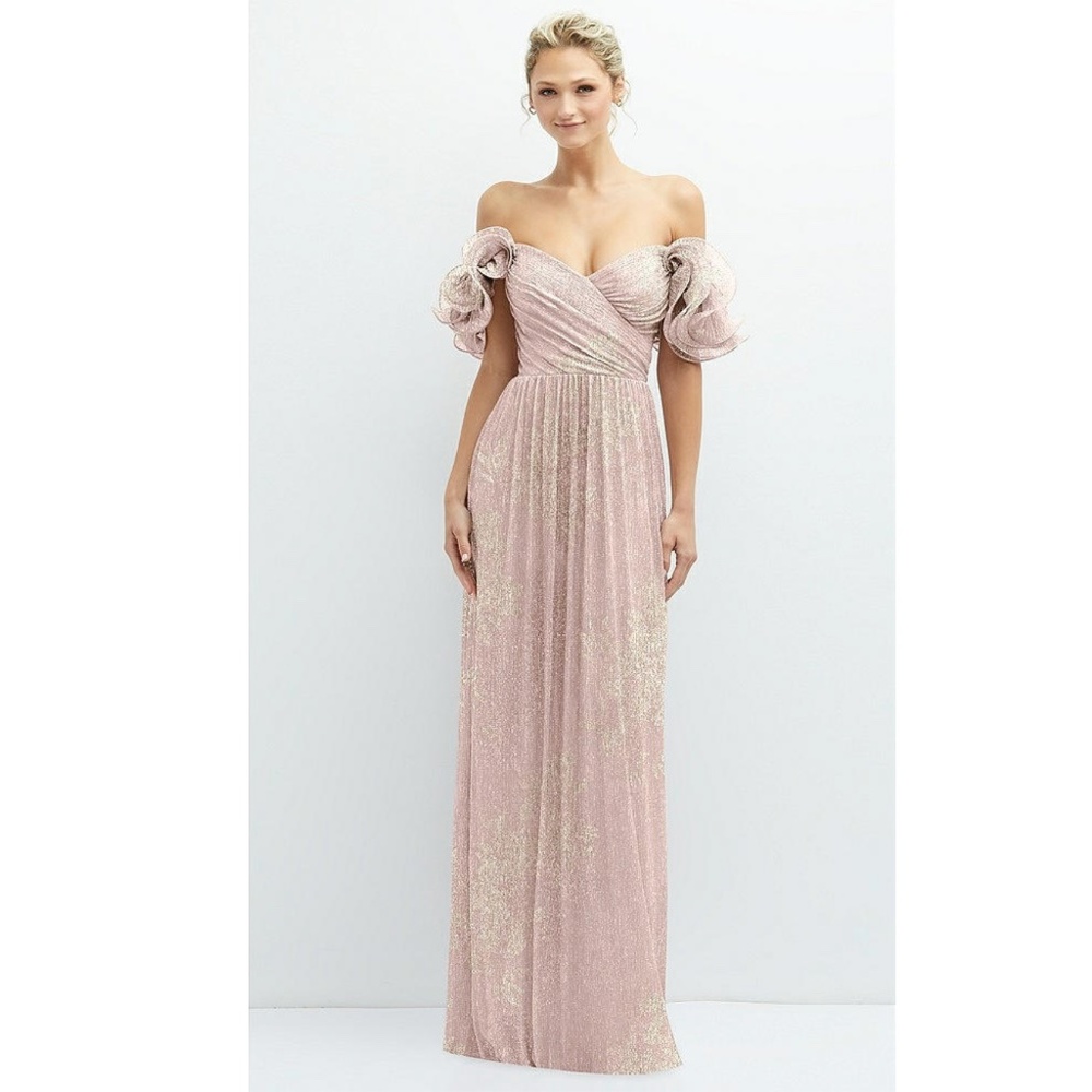 After Six: DRAMATIC RUFFLE EDGE CONVERTIBLE STRAP METALLIC PLEATED MAXI D